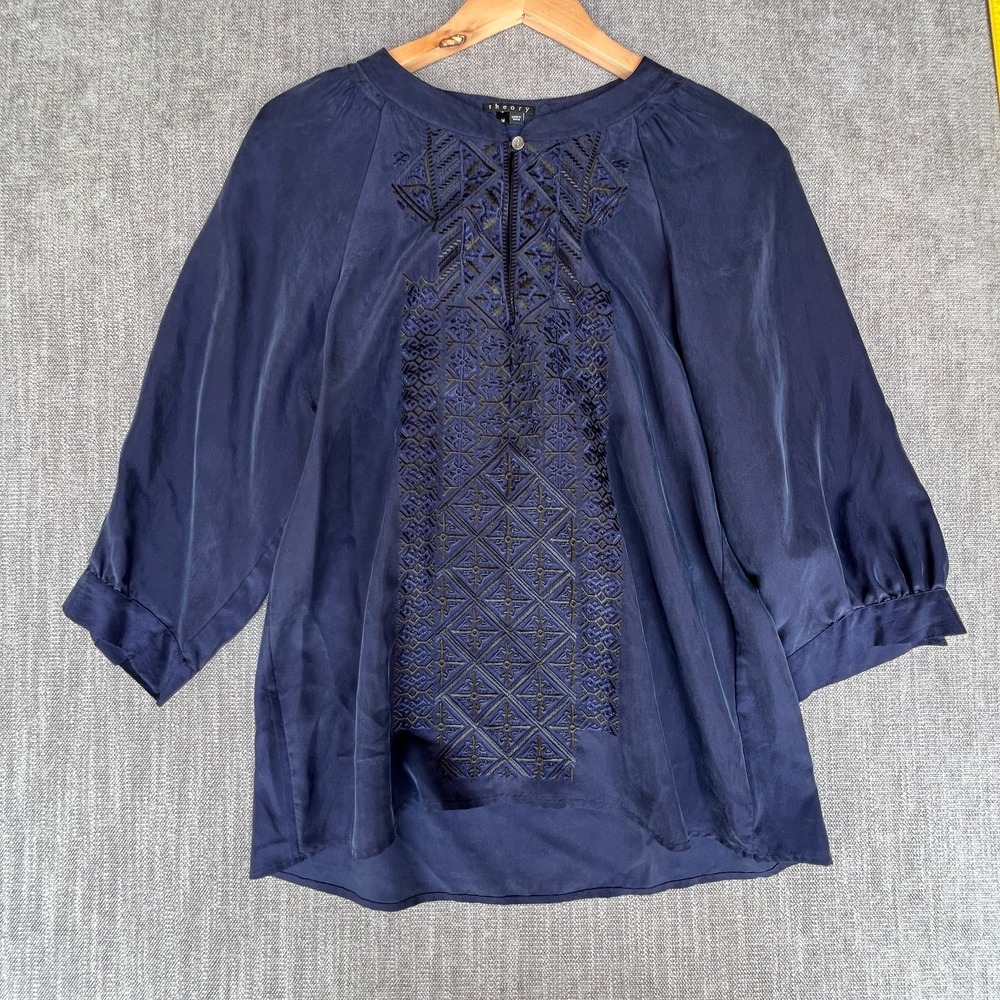 Theory Peasant Top Womens Medium Blue Silk Embroidered Boho Front Keyhole Neck